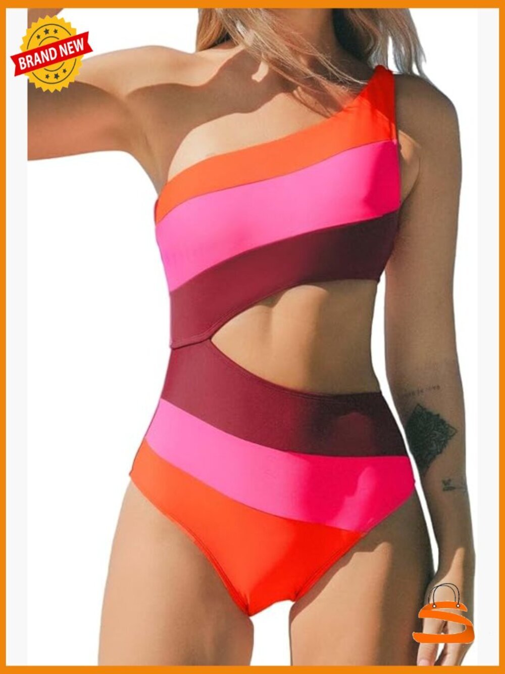 Women's One Shoulder Cutout One Piece Swimsuit Color Block Bathing Suit